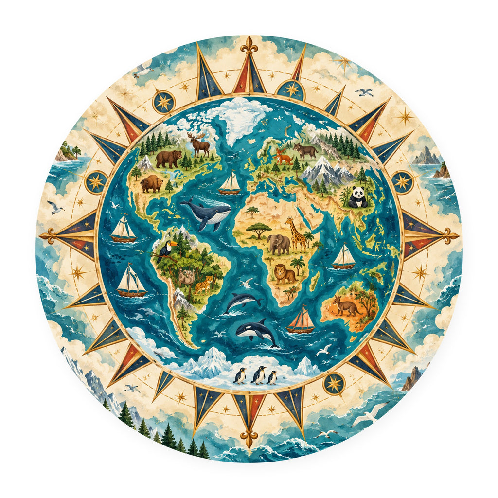 Kartela World Compass washable world map round rug, flat product view on white