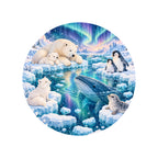 Kartela Polar Friends washable arctic animals round rug, top view on a wooden floor