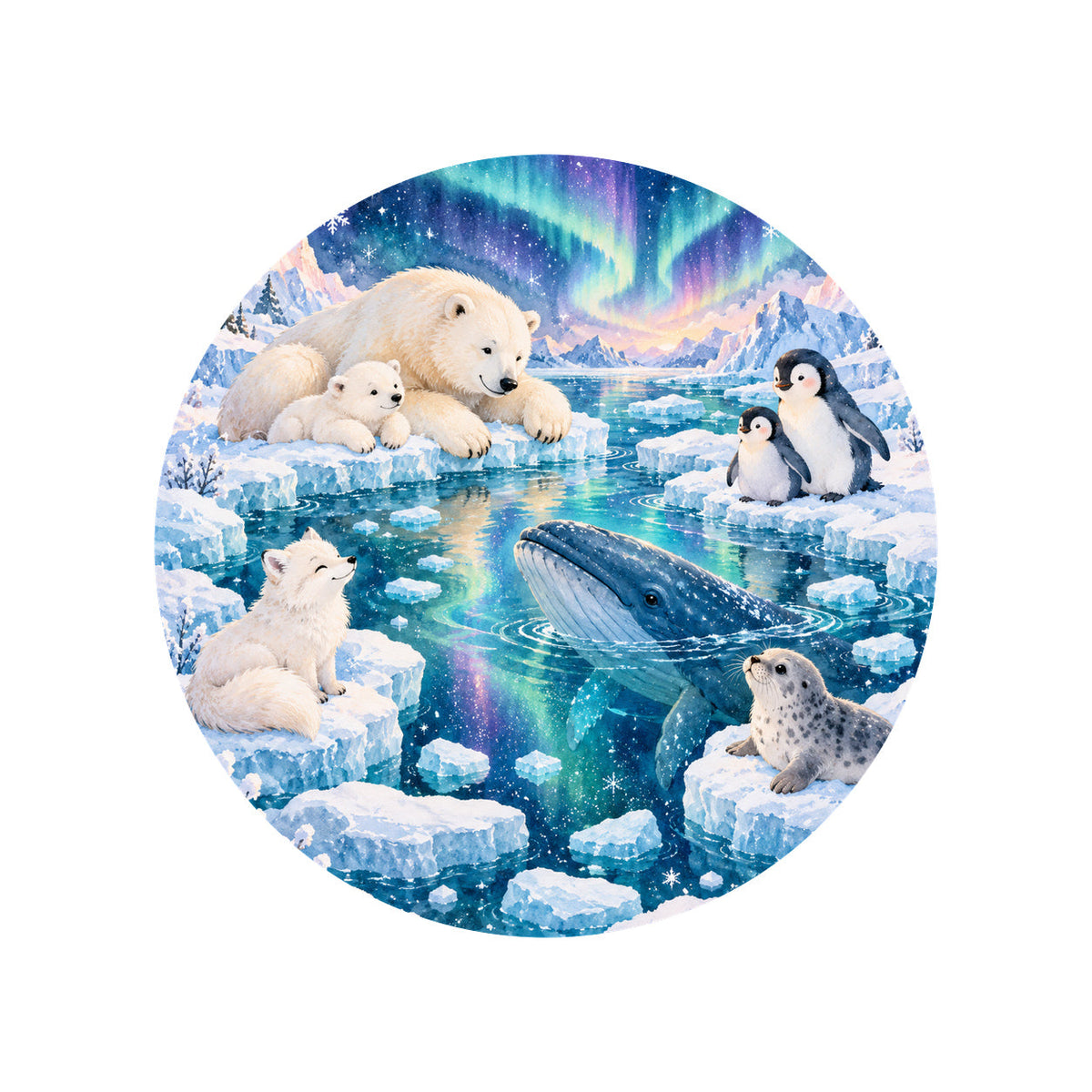 Kartela Polar Friends washable arctic animals round rug, top view on a wooden floor