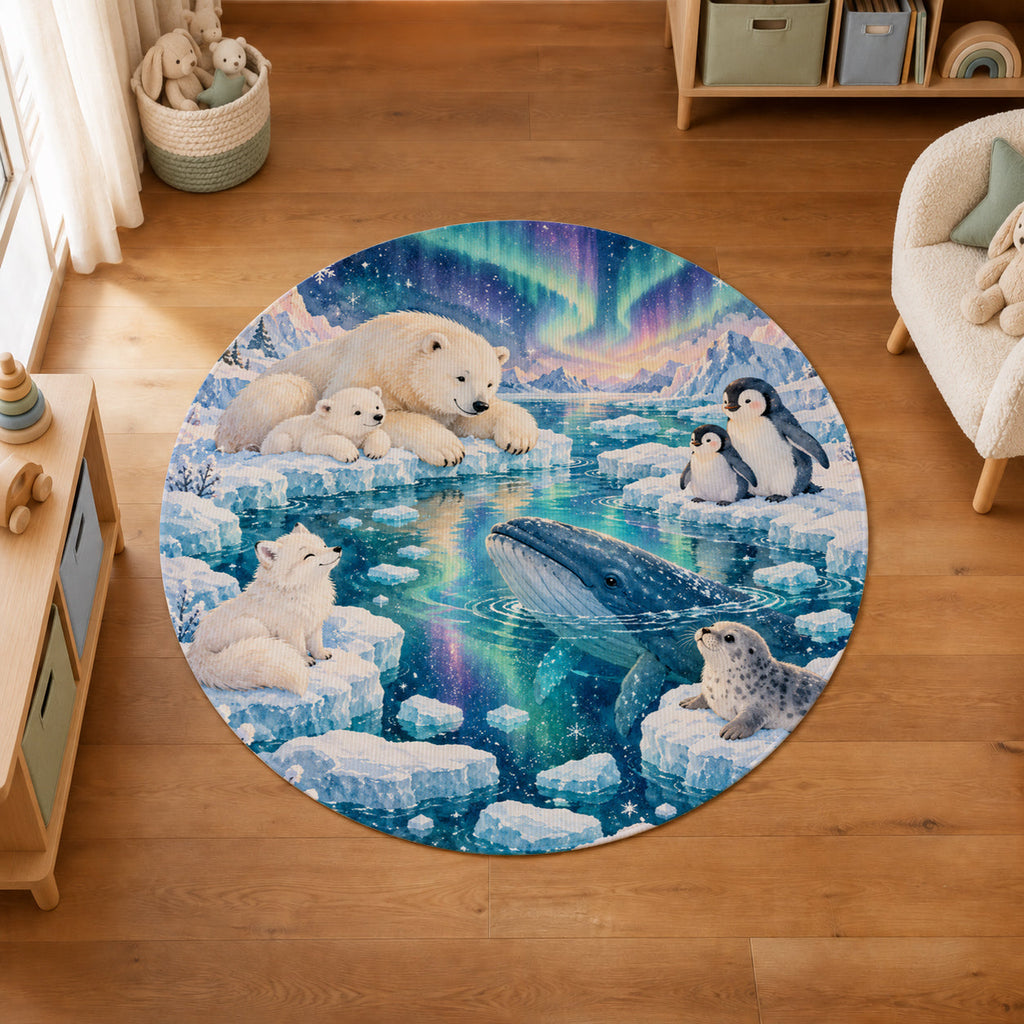 Kartela Polar Friends washable arctic animals round rug in a kids' room on a wooden floor