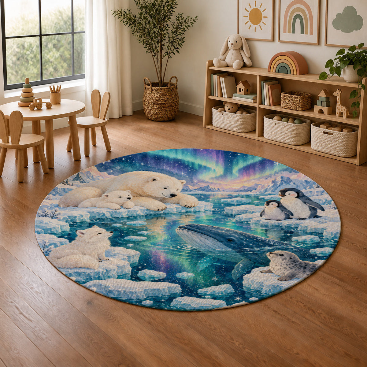 Kartela Polar Friends washable arctic animals round rug in a playroom next to toy shelves