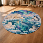 Kartela Polar Friends washable arctic animals round rug in a sunny kids' room with a play tent