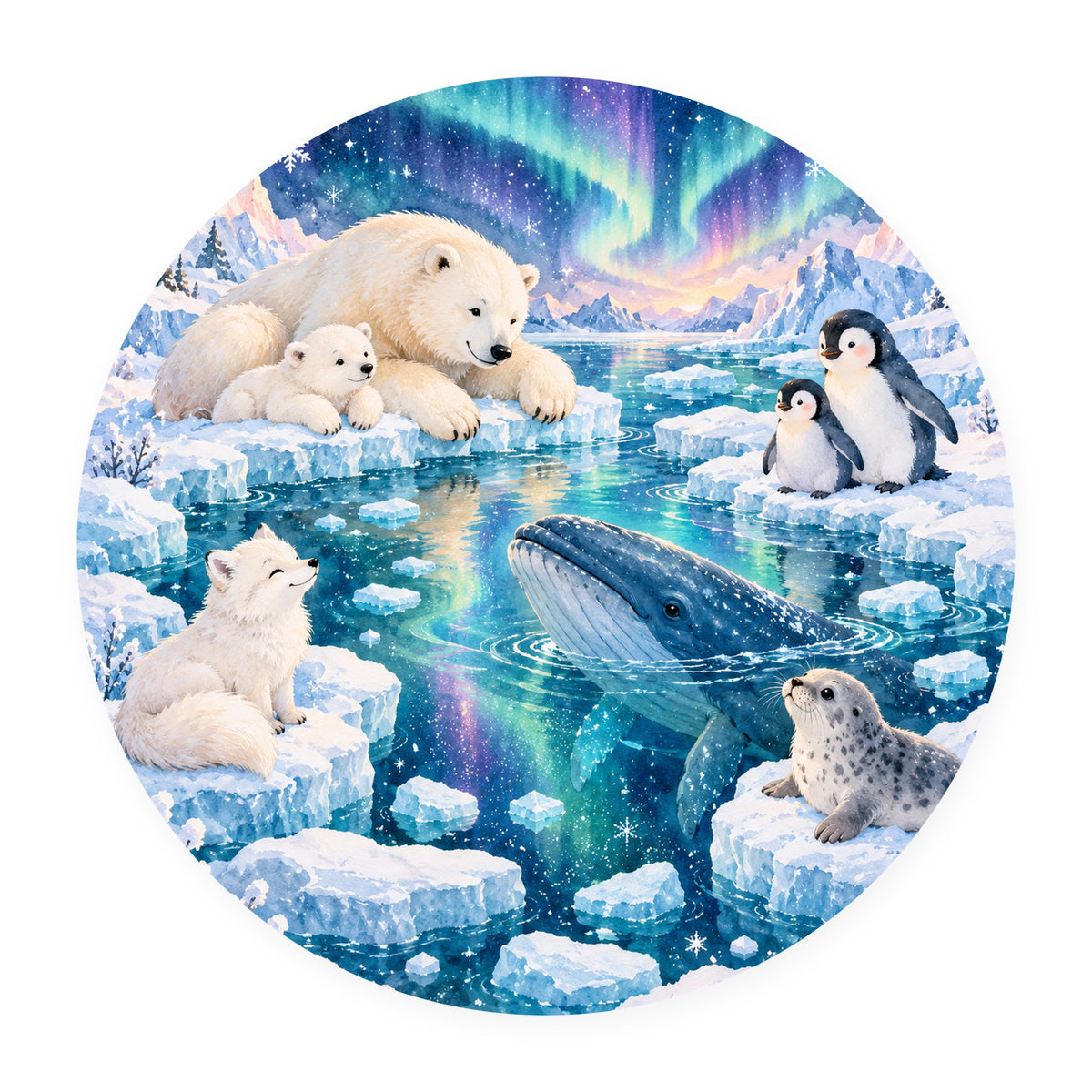 Kartela Polar Friends washable arctic animals round rug, flat product view on white