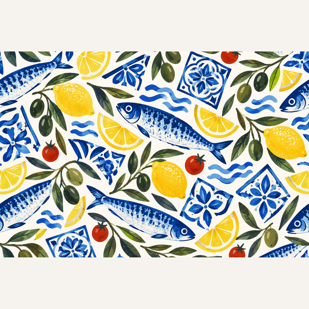 Aegean Pantry Mediterranean sardine and lemon bath mat detail view