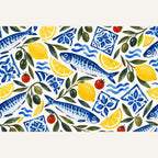 Aegean Pantry Mediterranean sardine and lemon bath mat detail view