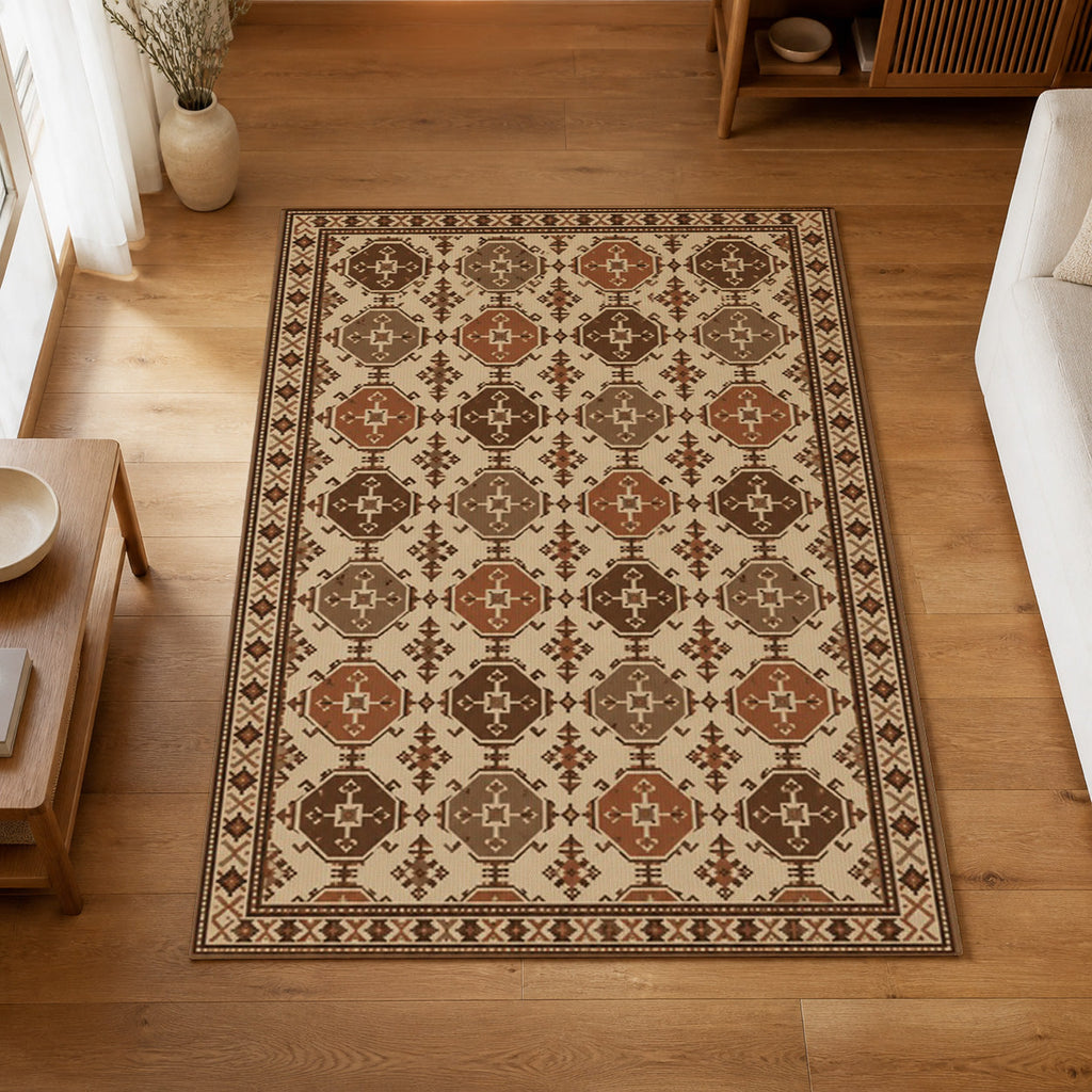 Kartela Turkmen washable Afghan Turkmen style area rug in Beige, on a wooden floor in a bright living room