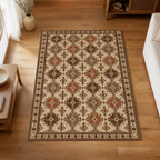 Kartela Turkmen washable Afghan Turkmen style area rug in Beige, on a wooden floor in a bright living room