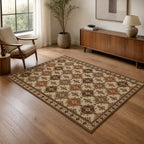 Kartela Turkmen washable Afghan Turkmen style area rug in Beige, in a living room with an armchair and sideboard
