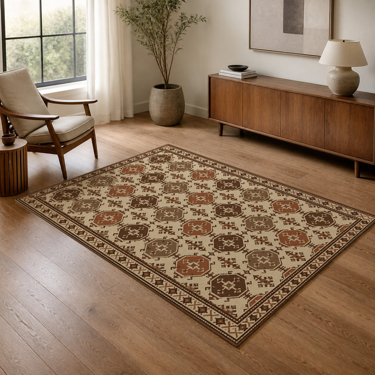 Kartela Turkmen washable Afghan Turkmen style area rug in Beige, in a living room with an armchair and sideboard