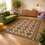 Kartela Turkmen washable Afghan Turkmen style area rug in Beige, in a sunny living room with a green sofa