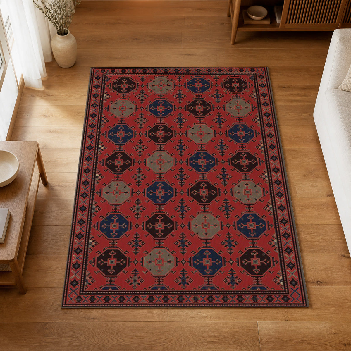 Kartela Turkmen washable Afghan Turkmen style area rug in Red, on a wooden floor in a bright living room