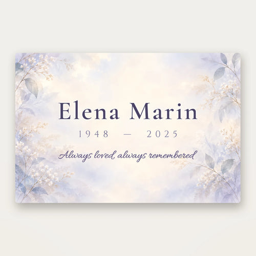 Always Remembered personalized memorial blanket with sample text "Elena Marin, 1948-2025, Always loved, always remembered", flat product view