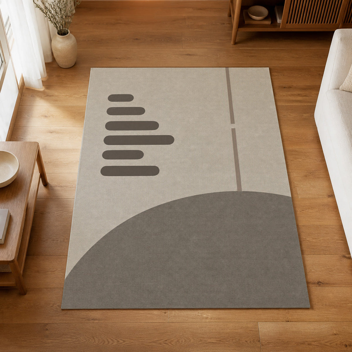 Kartela Interval washable minimalist modern area rug in Light Gray, on a wooden floor in a bright living room