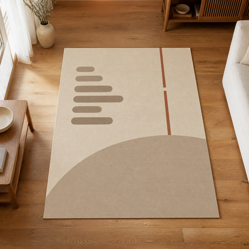 Kartela Interval washable minimalist modern area rug in Beige, on a wooden floor in a bright living room
