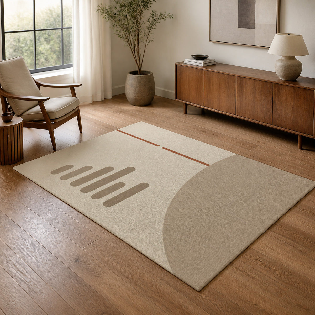 Kartela Interval washable minimalist modern area rug in Beige, in a living room with an armchair and sideboard