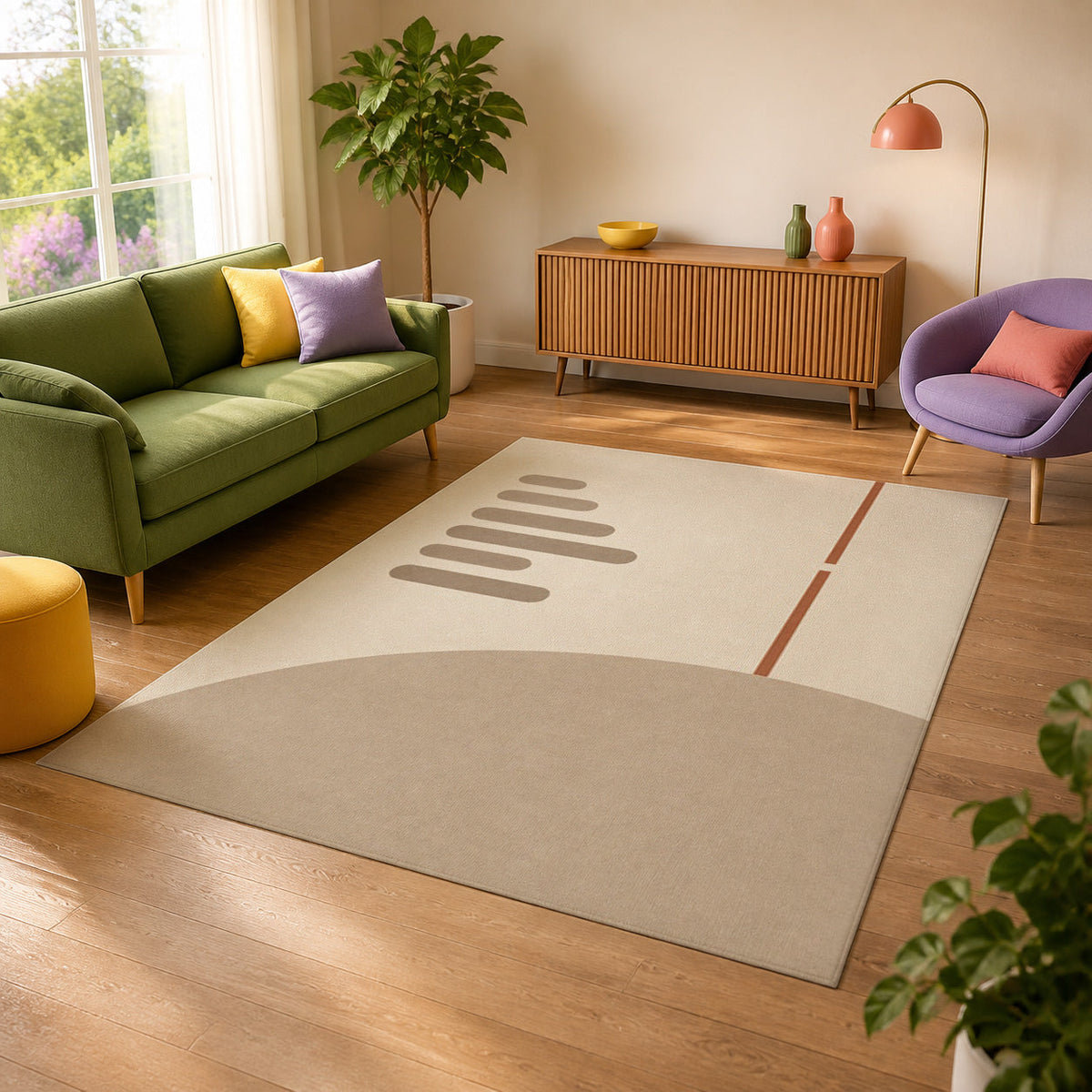 Kartela Interval washable minimalist modern area rug in Beige, in a sunny living room with a green sofa