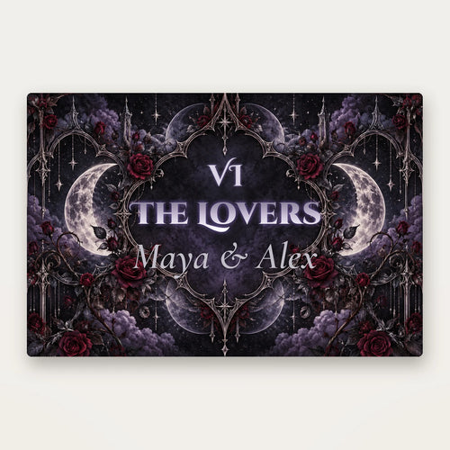 Arcana Bond personalized couple tarot card blanket or rug with sample text "VI The Lovers, Maya & Alex", flat product view