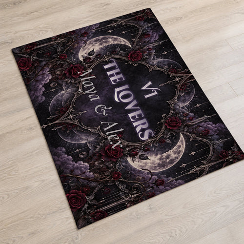 Arcana Bond personalized couple tarot card blanket or rug with sample text "VI The Lovers, Maya & Alex", as a fleece blanket laid flat