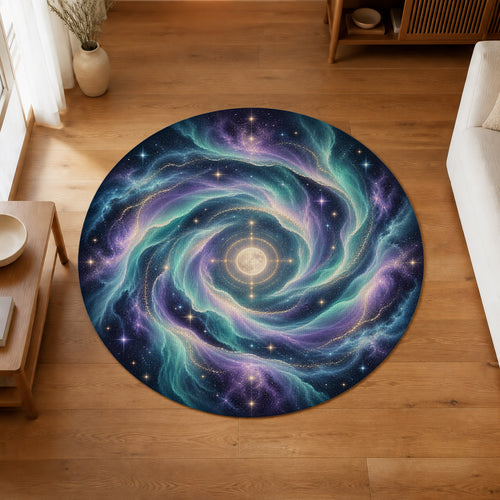 Aurora Halo Round Rug in an editorial overhead room view