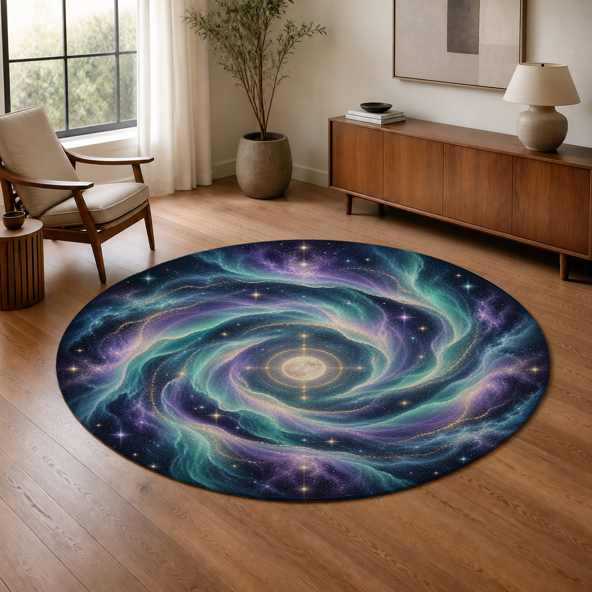 Aurora Halo Round Rug in a warm modern living room