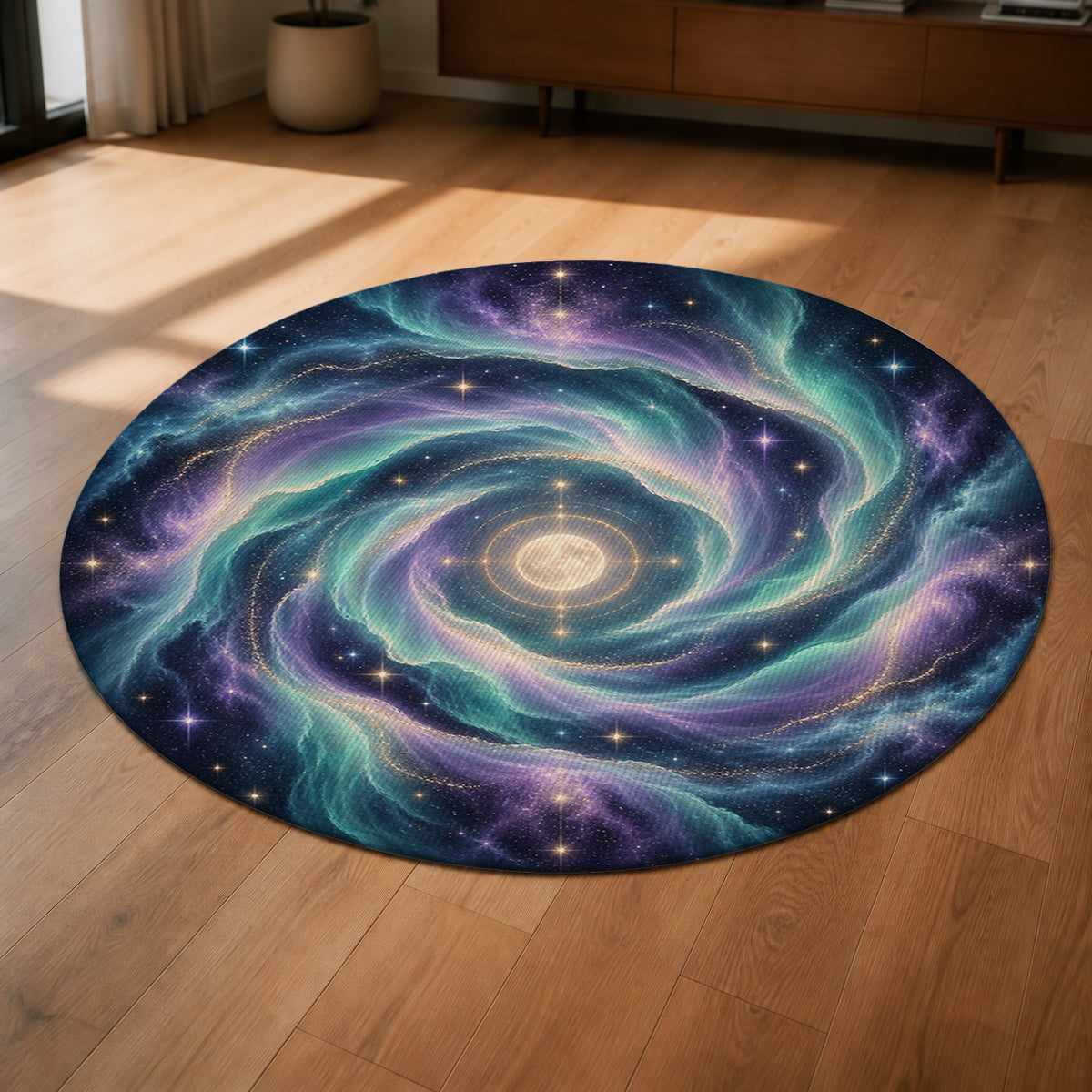 Aurora Halo Round Rug shown from a low oblique angle