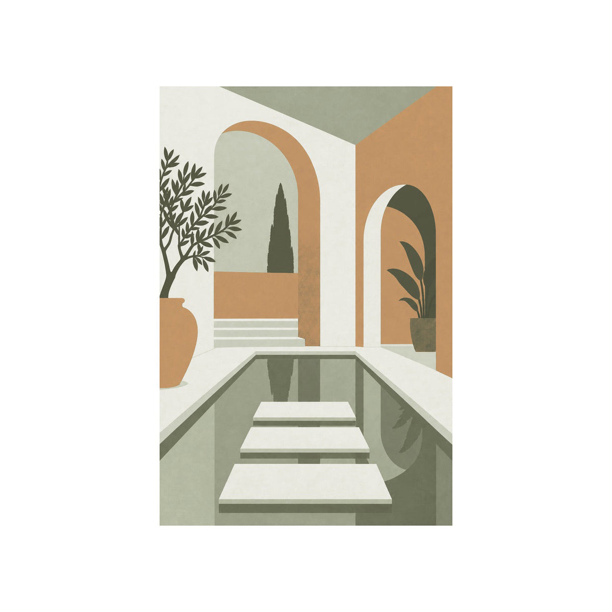 Kartela Courtyard washable Mediterranean arch area rug in Sage Green, flat product view on a white background