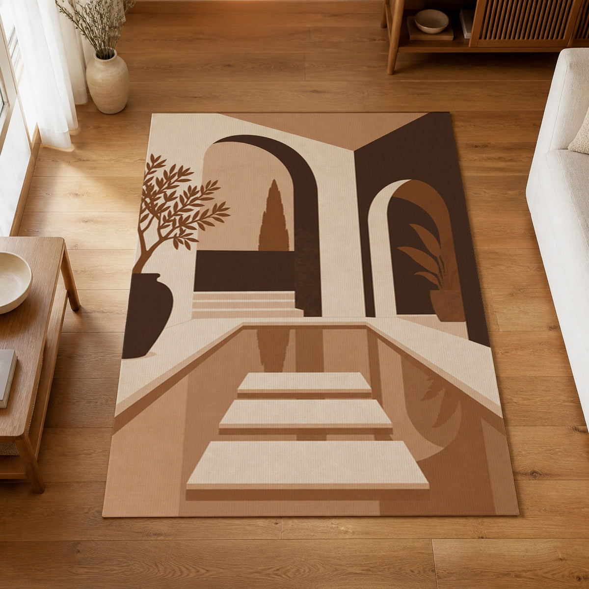 Kartela Courtyard washable Mediterranean arch area rug in Copper, on a wooden floor in a bright living room