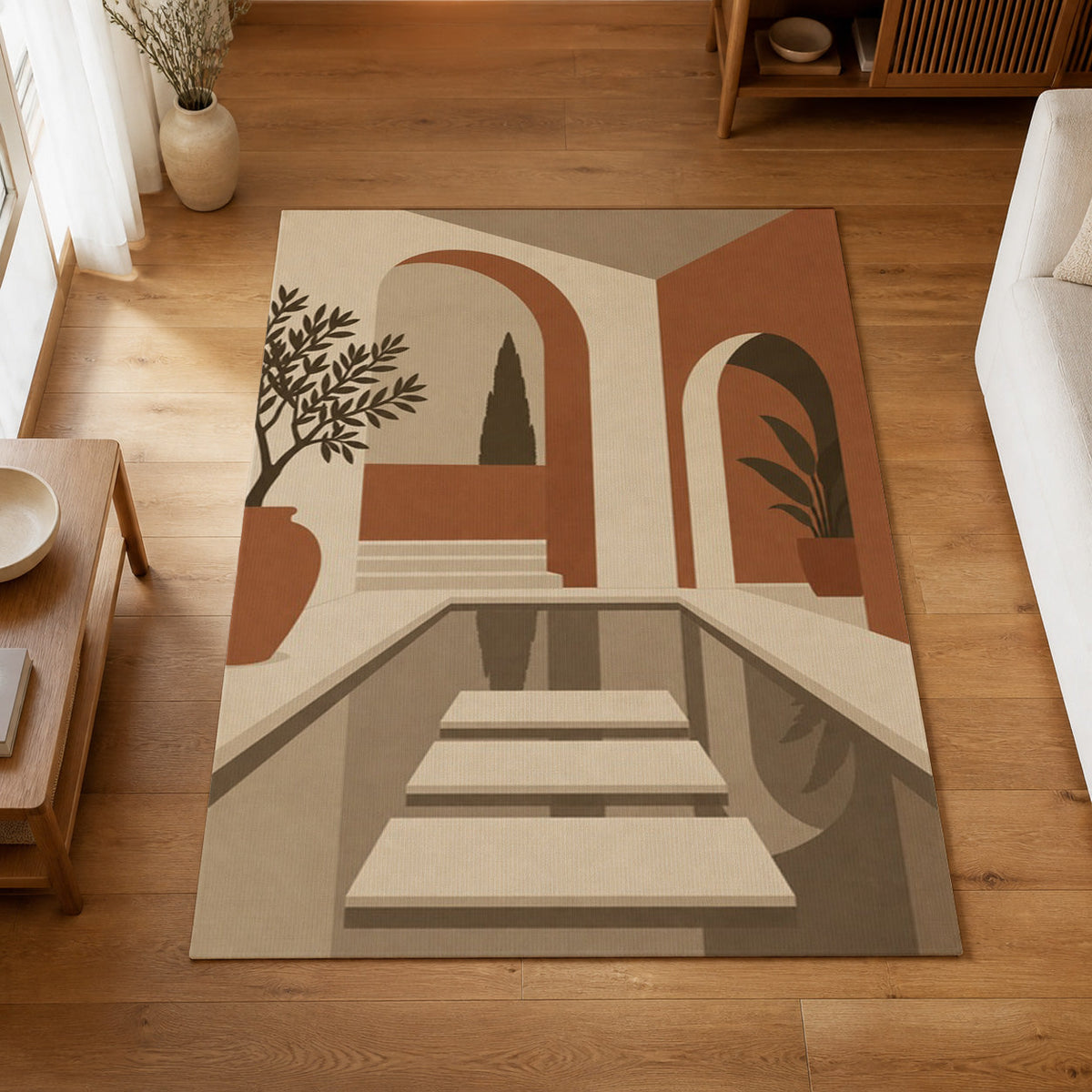 Kartela Courtyard washable Mediterranean arch area rug in Beige, on a wooden floor in a bright living room