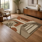 Kartela Courtyard washable Mediterranean arch area rug in Beige, in a living room with an armchair and sideboard