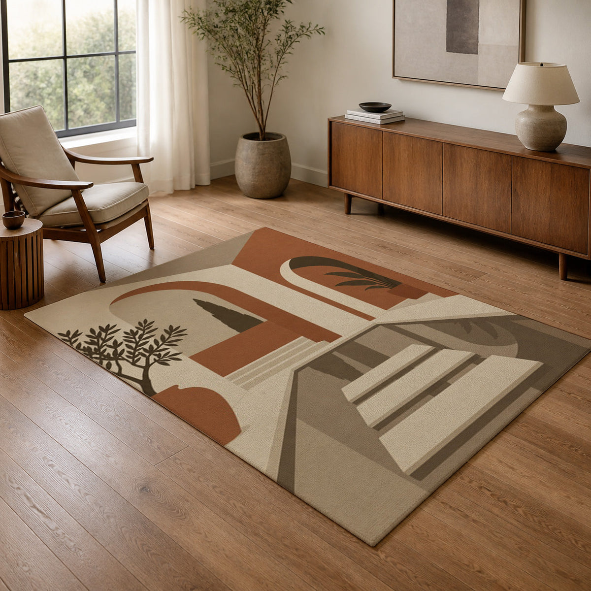 Kartela Courtyard washable Mediterranean arch area rug in Beige, in a living room with an armchair and sideboard
