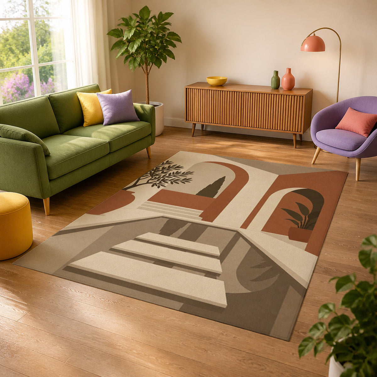 Kartela Courtyard washable Mediterranean arch area rug in Beige, in a sunny living room with a green sofa