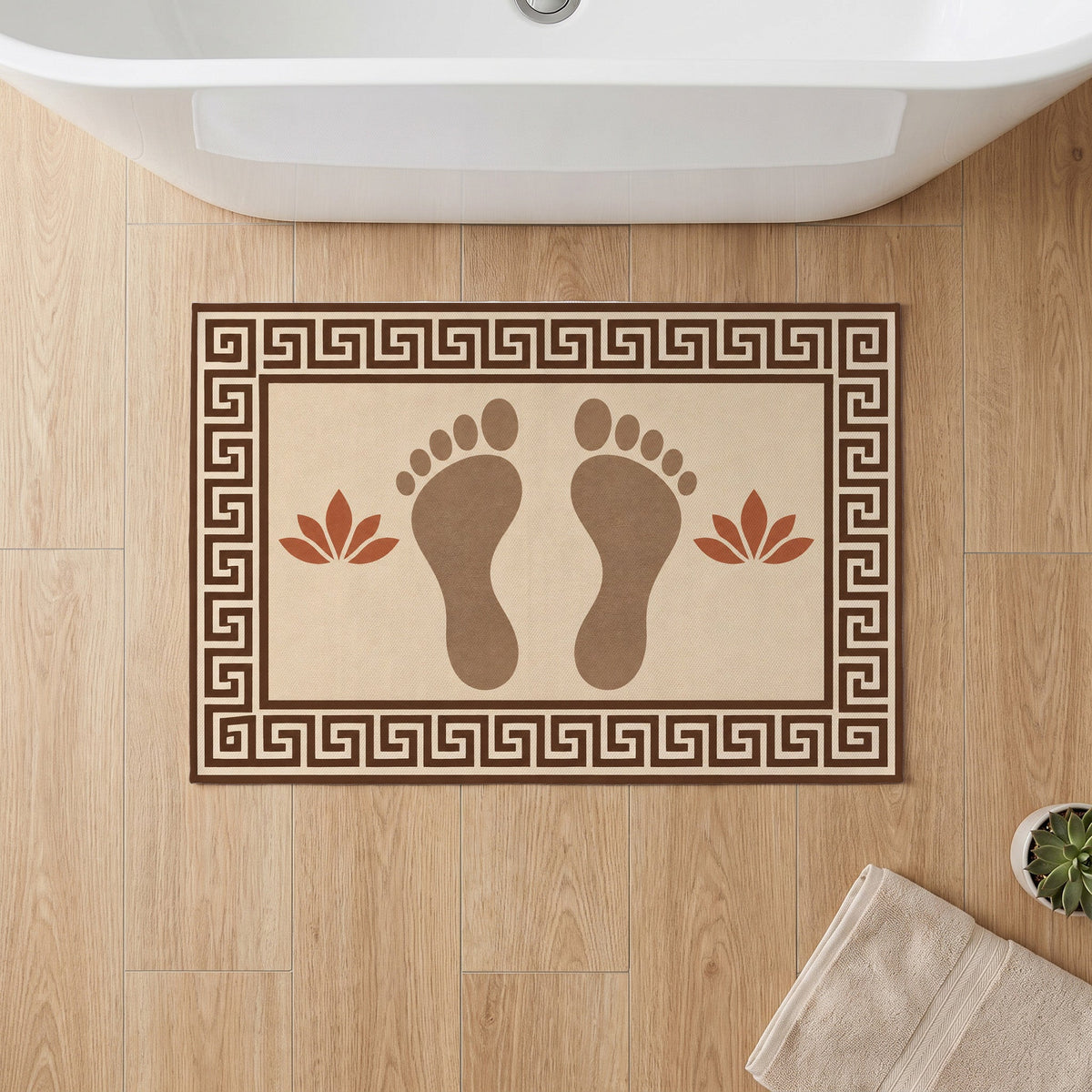 Kartela Footprints washable footprint bath mat in Beige, on a wooden floor in front of a bathtub