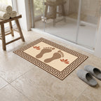 Kartela Footprints washable footprint bath mat in Beige, in front of a glass shower with slippers