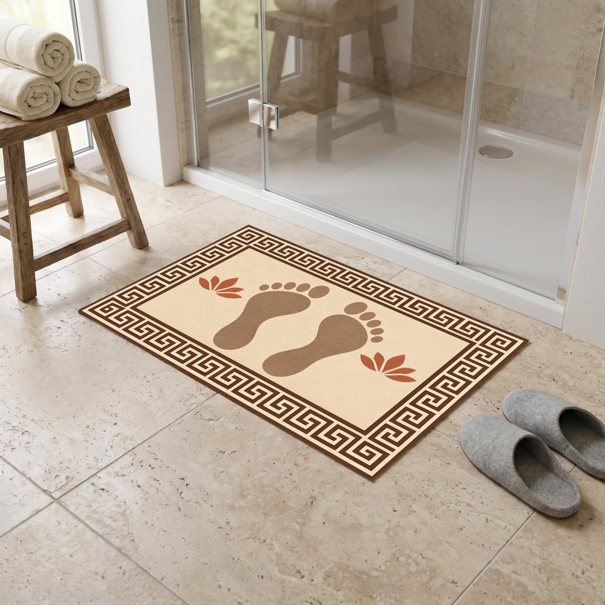 Kartela Footprints washable footprint bath mat in Beige, in front of a glass shower with slippers