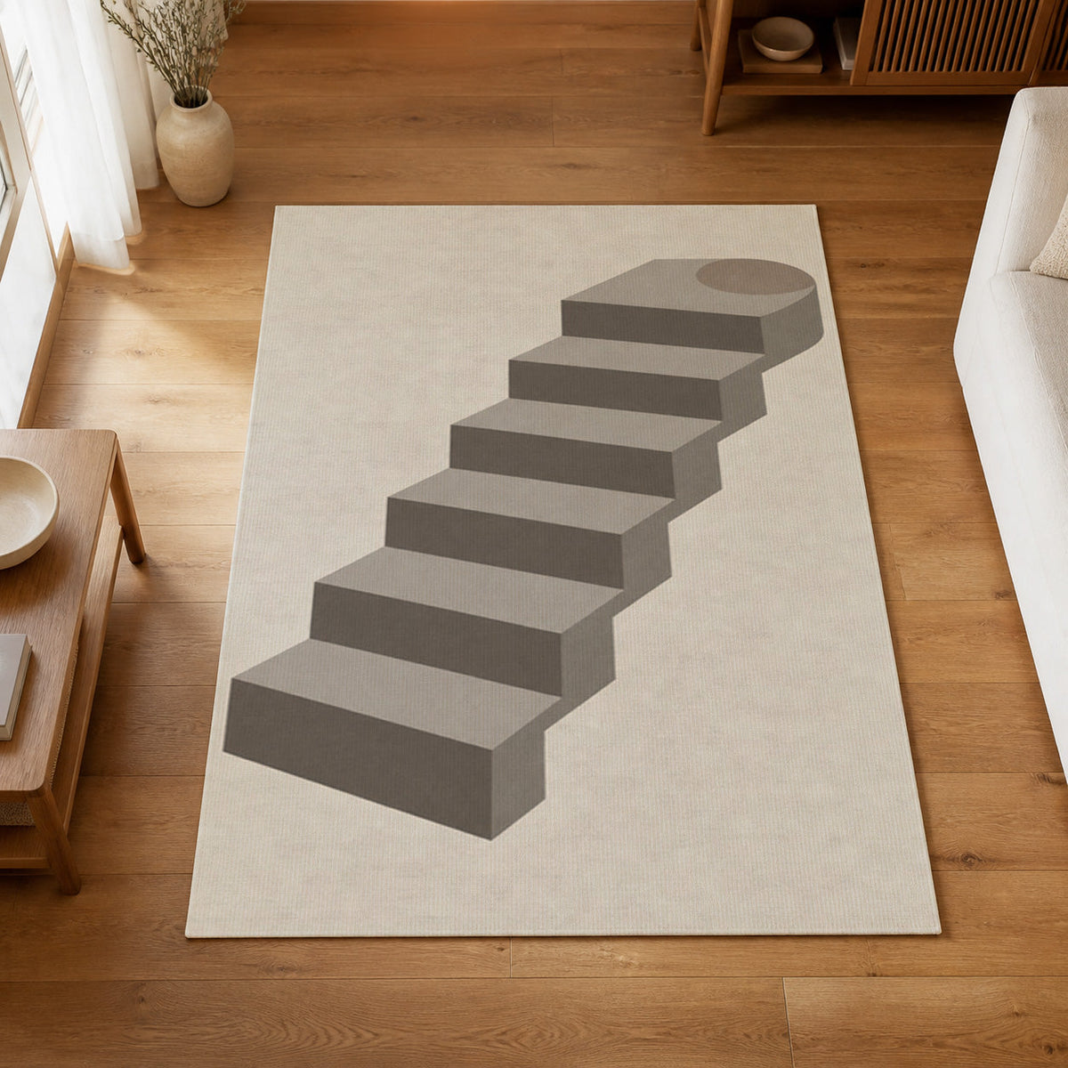 Kartela Stairway washable modern staircase area rug in Light Gray, on a wooden floor in a bright living room
