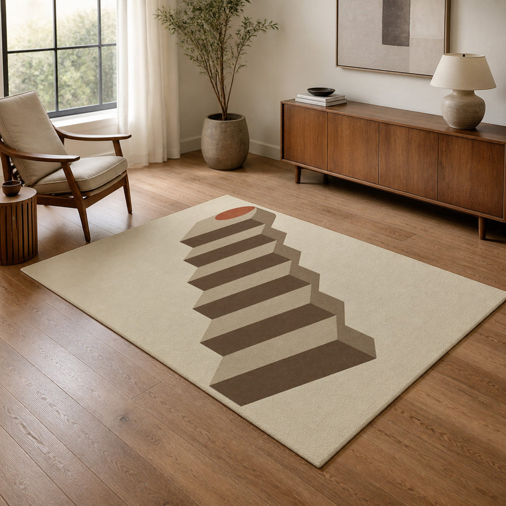 Kartela Stairway washable modern staircase area rug in Beige, in a living room with an armchair and sideboard