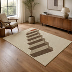 Kartela Stairway washable modern staircase area rug in Beige, in a living room with an armchair and sideboard