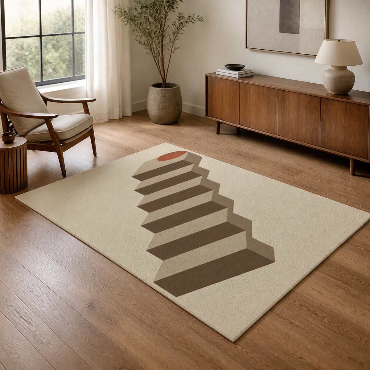 Kartela Stairway washable modern staircase area rug in Beige, in a living room with an armchair and sideboard