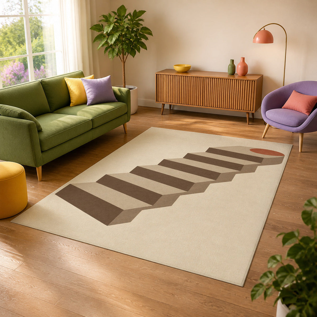 Kartela Stairway washable modern staircase area rug in Beige, in a sunny living room with a green sofa