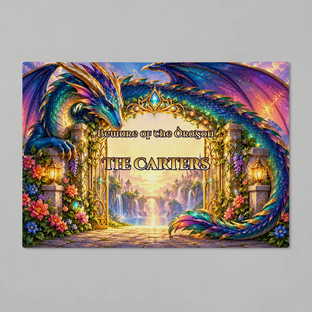 Personalized Beware the Dragon Doormat with sample personalization