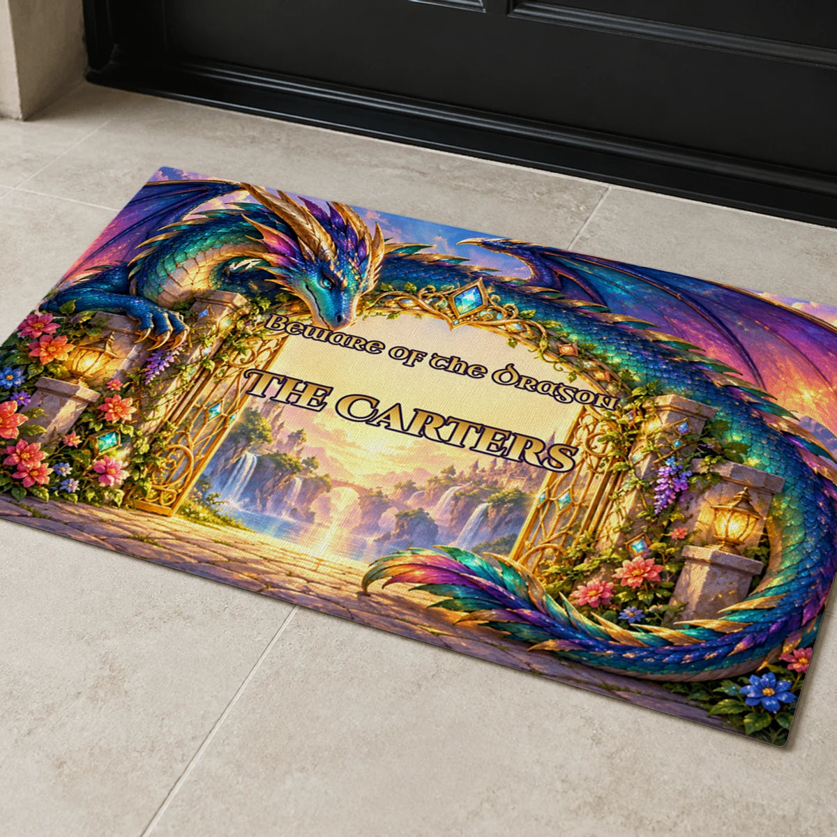 Personalized Beware the Dragon Doormat with sample personalization