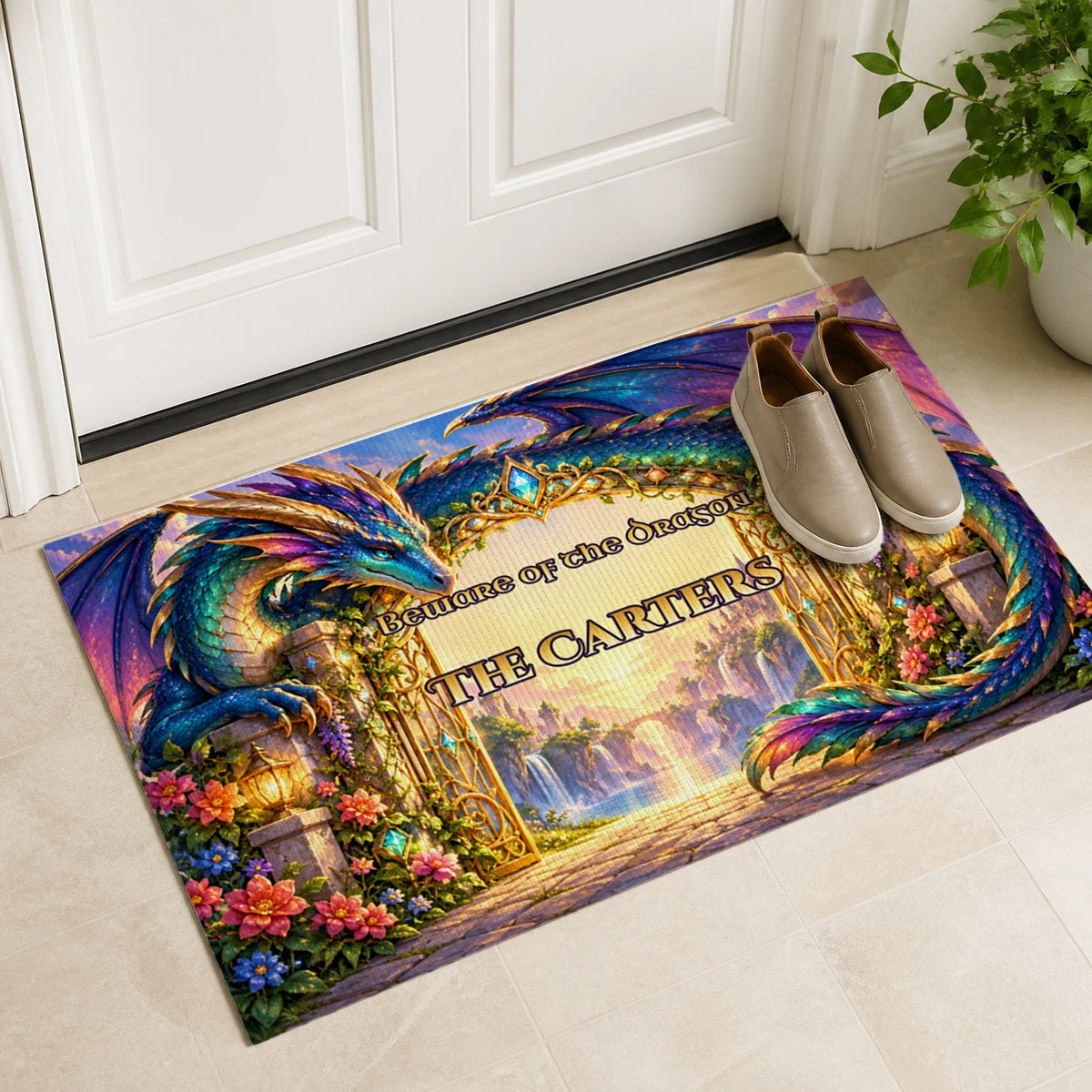 Personalized Beware the Dragon Doormat with sample personalization