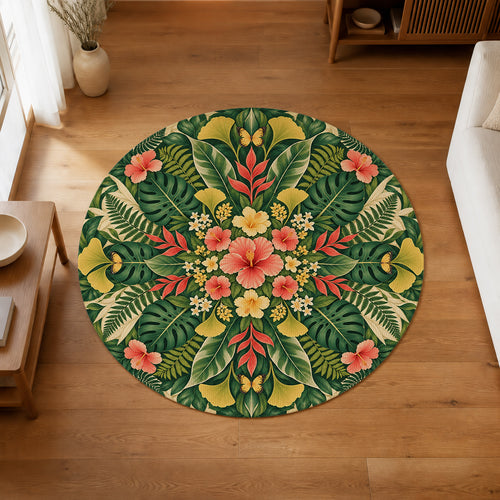 Botanical Sunburst Round Rug in an editorial overhead room view