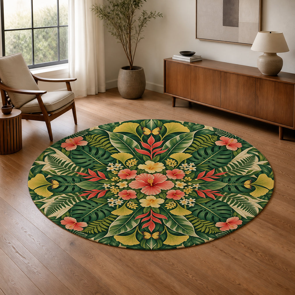 Botanical Sunburst Round Rug in a warm modern living room