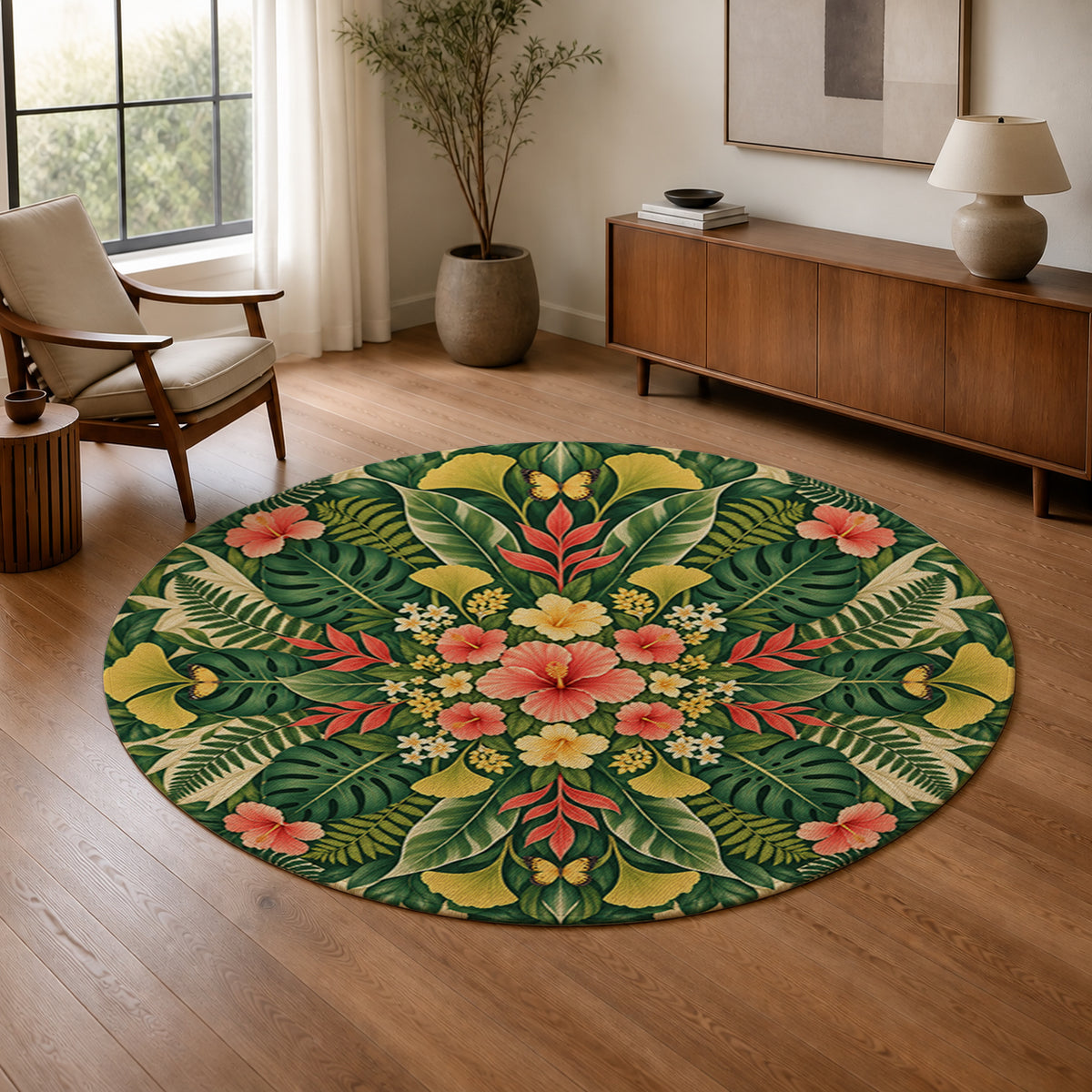 Botanical Sunburst Round Rug in a warm modern living room