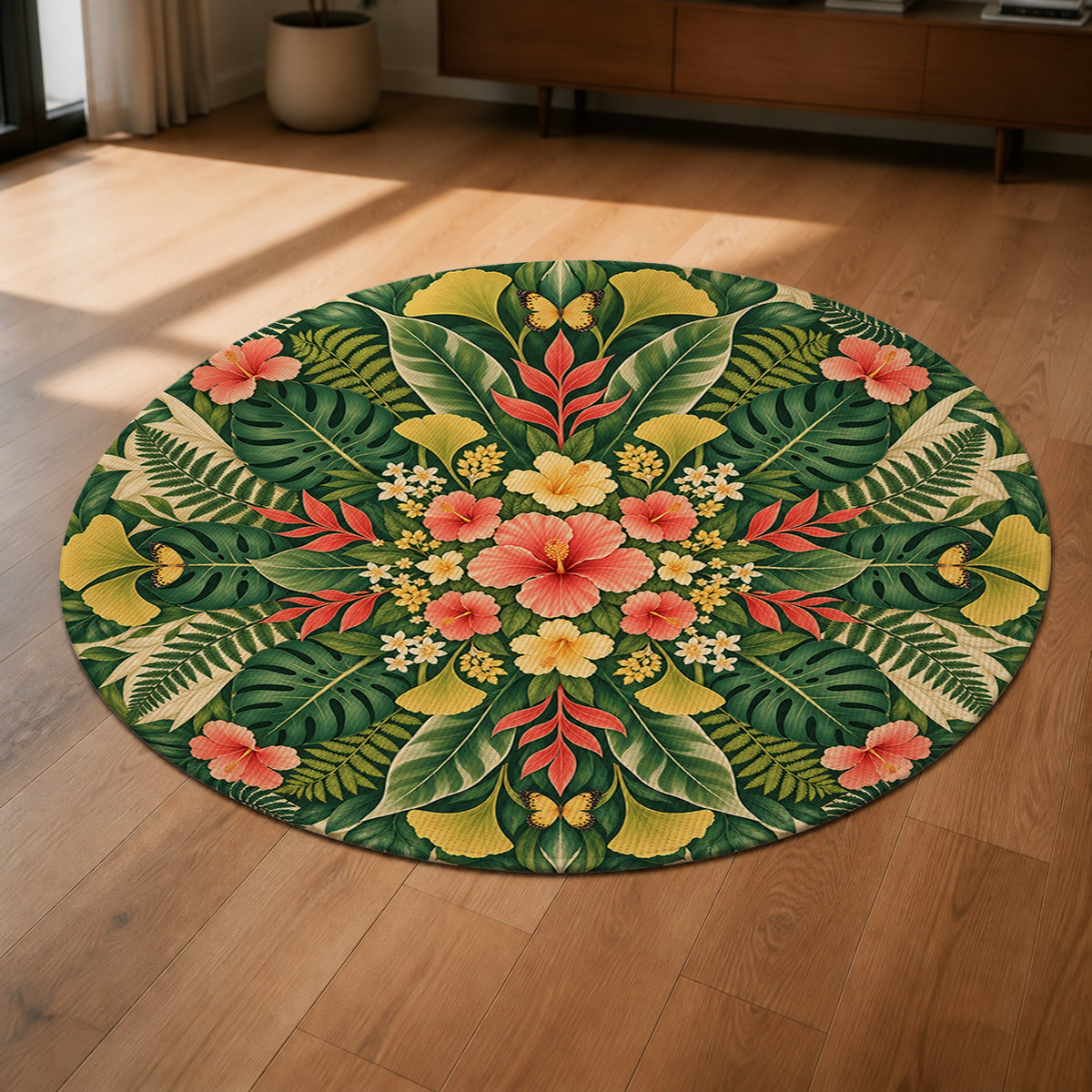 Botanical Sunburst Round Rug shown from a low oblique angle