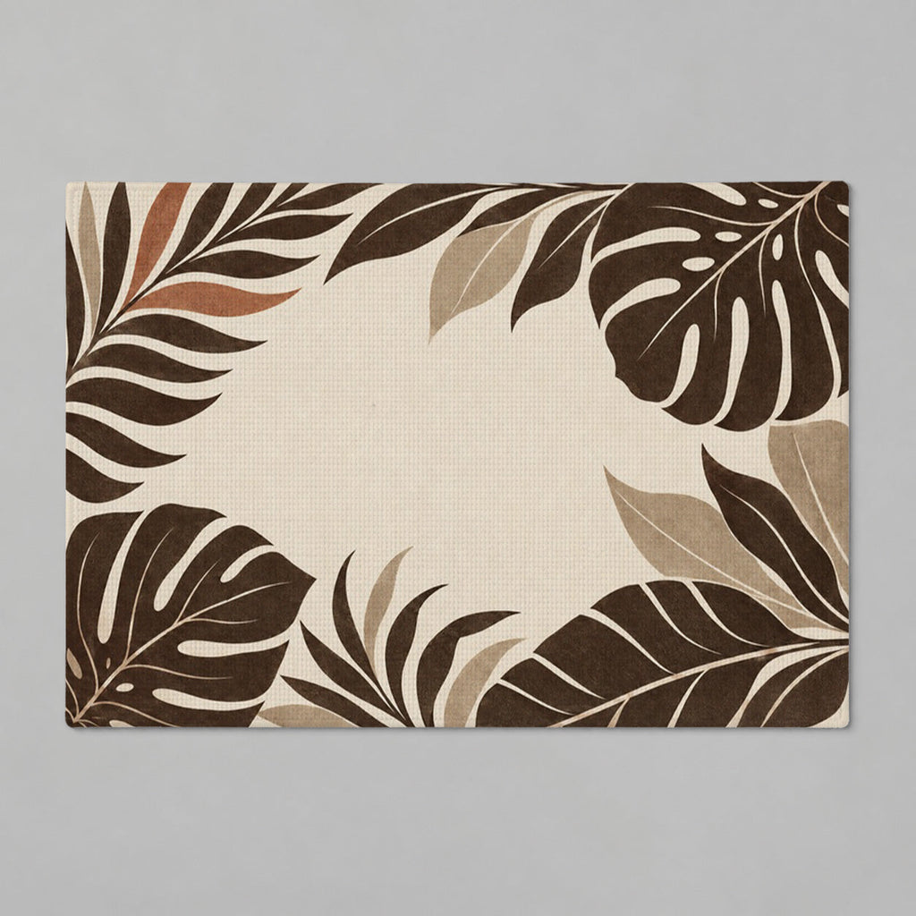 Kartela Monstera Frame washable tropical leaf bath mat in Beige, flat product view on a gray background