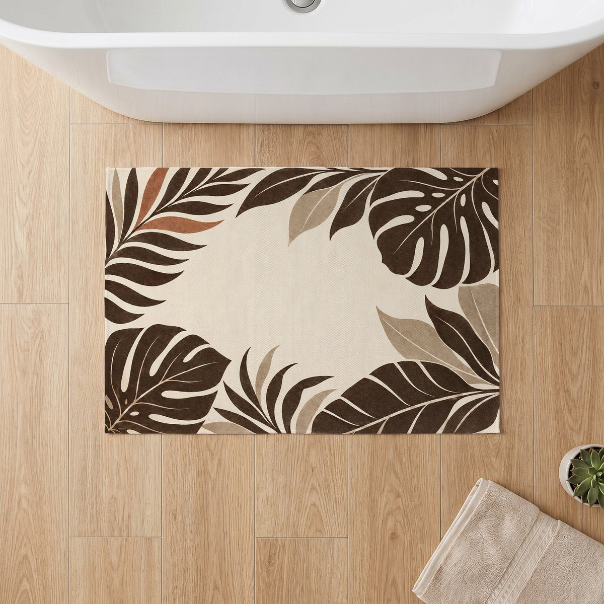 Kartela Monstera Frame washable tropical leaf bath mat in Beige, on a wooden floor in front of a bathtub