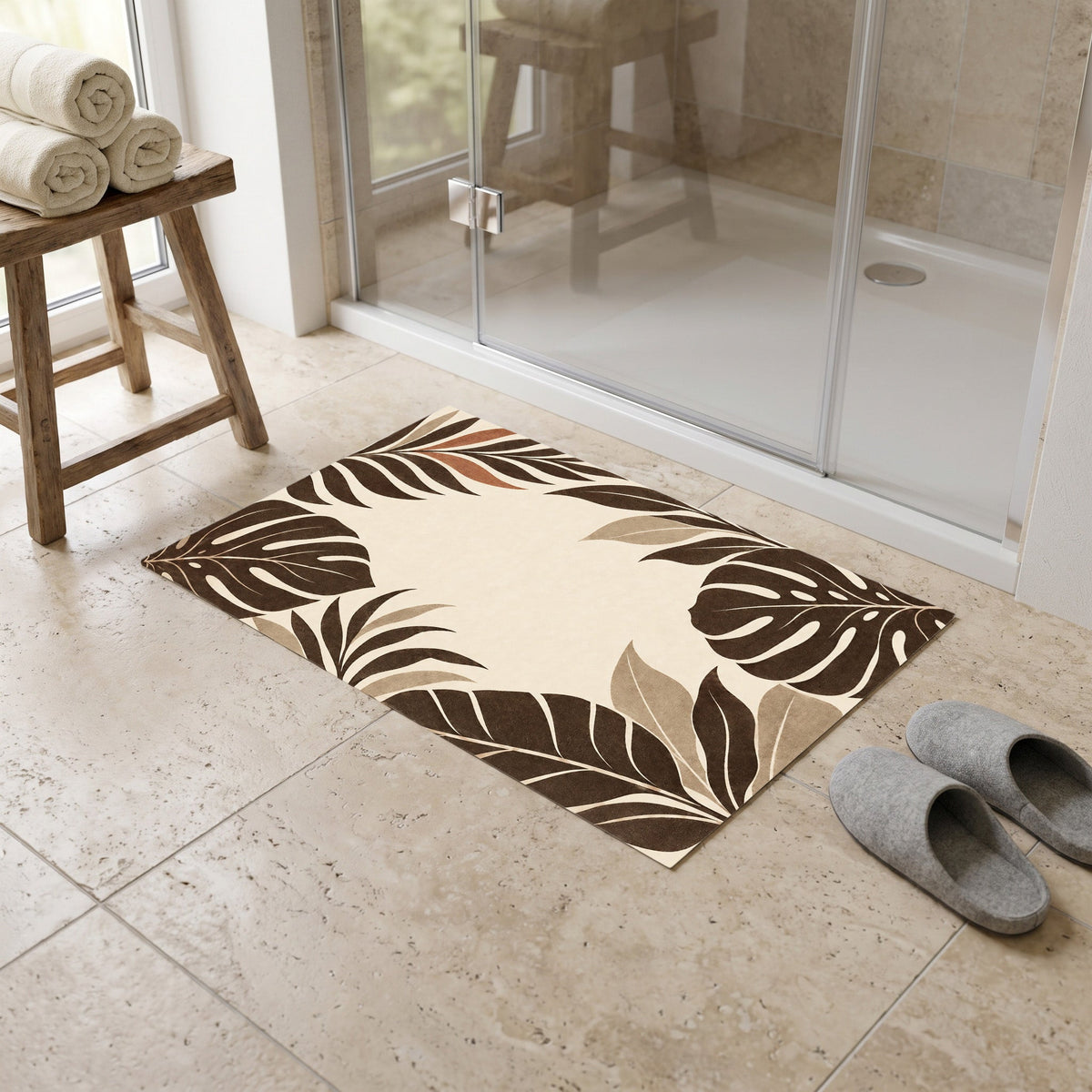 Kartela Monstera Frame washable tropical leaf bath mat in Beige, in front of a glass shower with slippers