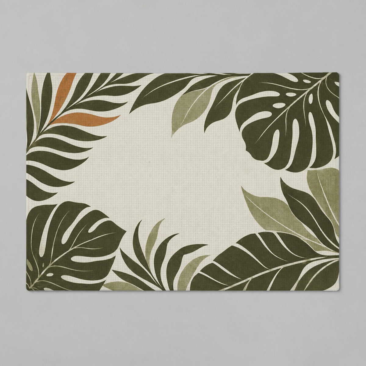 Kartela Monstera Frame washable tropical leaf bath mat in Olive, flat product view on a gray background